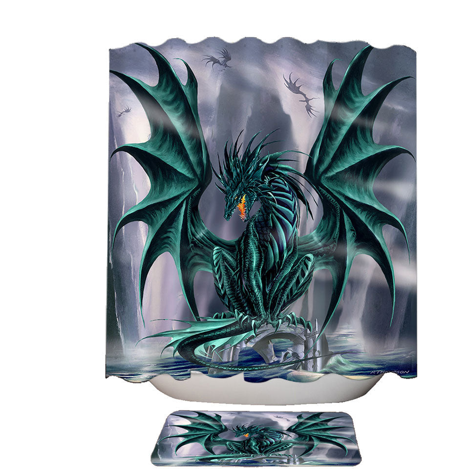 Cool Fantasy Design Shower Curtains Ocean Cliff Jade Dragon