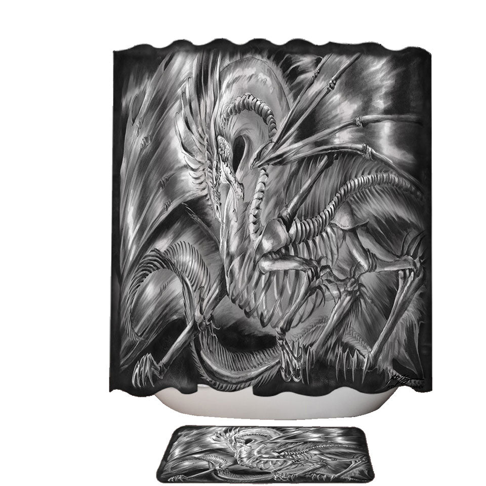 Cool Fantasy Drawing Dracolich Dragon Skeleton Shower Curtain