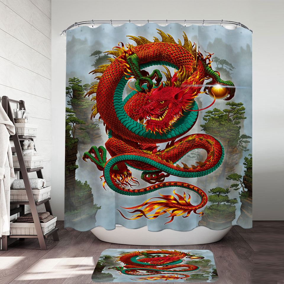 Cool Fantasy Good Fortune Red Chinese Dragon Shower Curtains