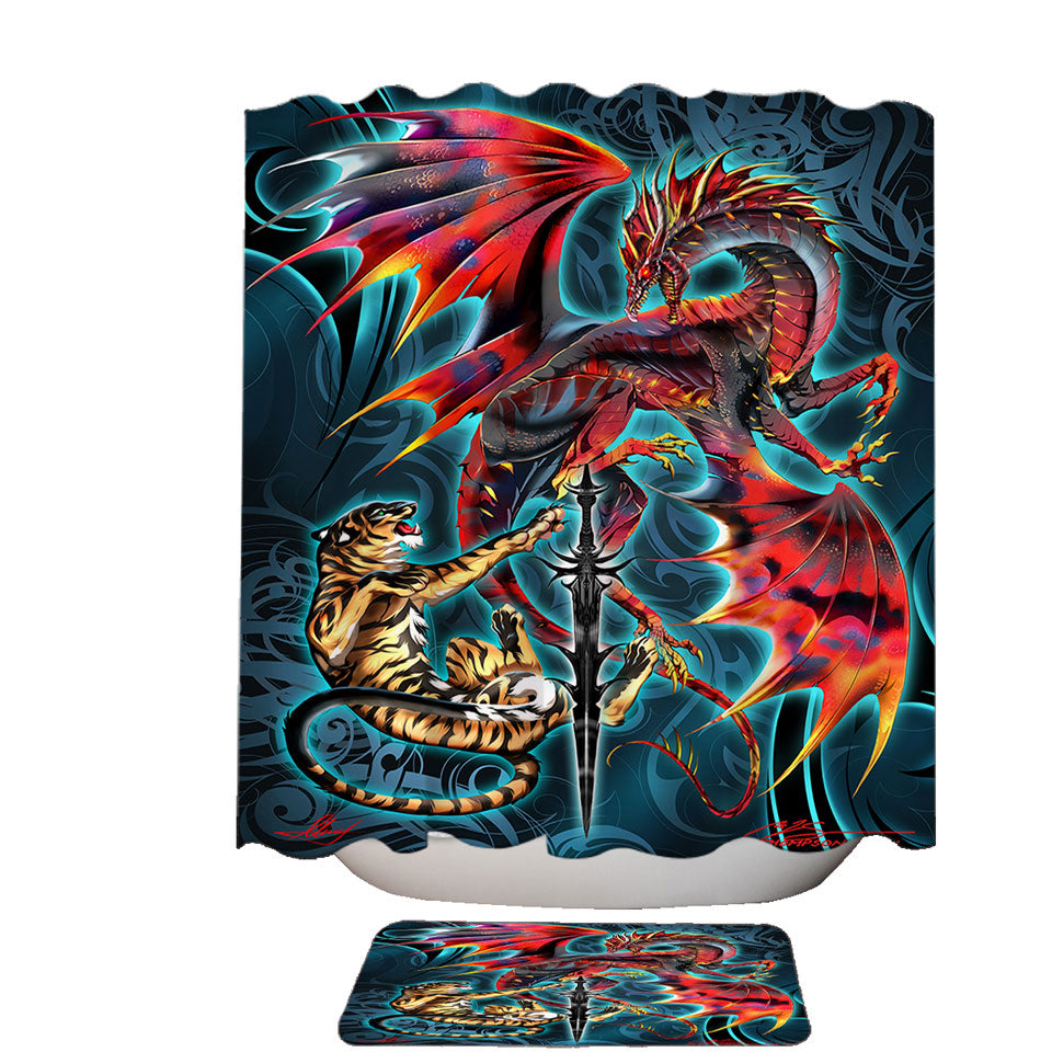 Cool Fantasy Sword Weapon Dragon Tiger Blade Shower Curtains and Bathroom Mats Rugs
