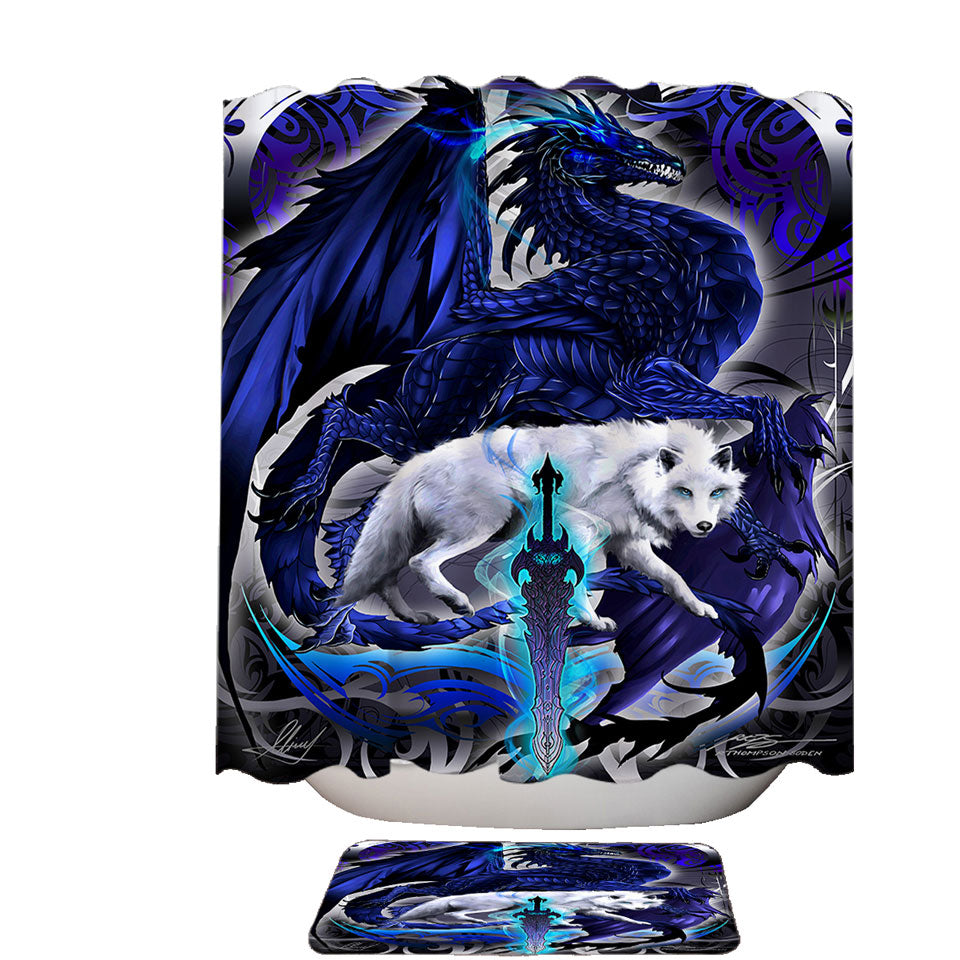 Cool Fantasy Weapon Shower Curtains with Wolf Dragon Alpha Blade
