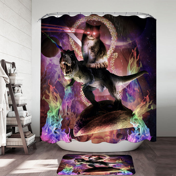 Cool Fiction Animals Evil Cat Riding Dinosaur Shower Curtain