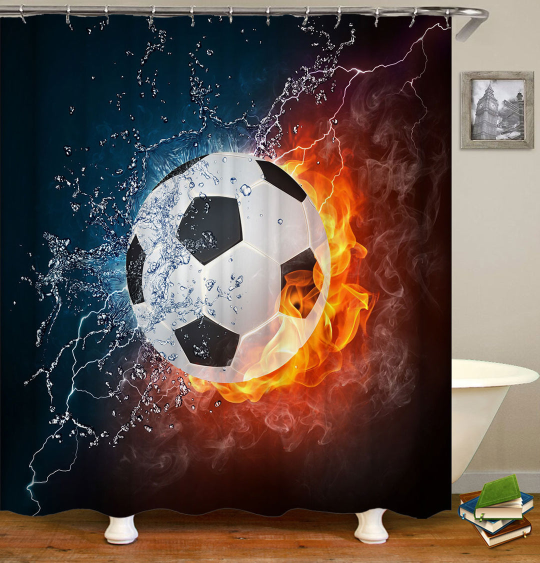 Cool Fire vs Water Football Soccer Ball Shower Curtains