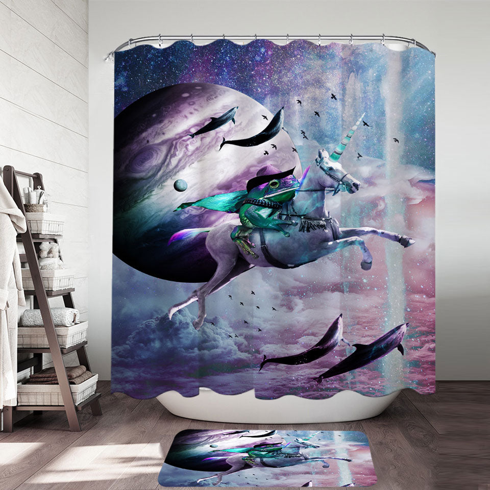 Cool Funny Shower Curtain Crazy Art Epic Frog Riding Unicorn in Space