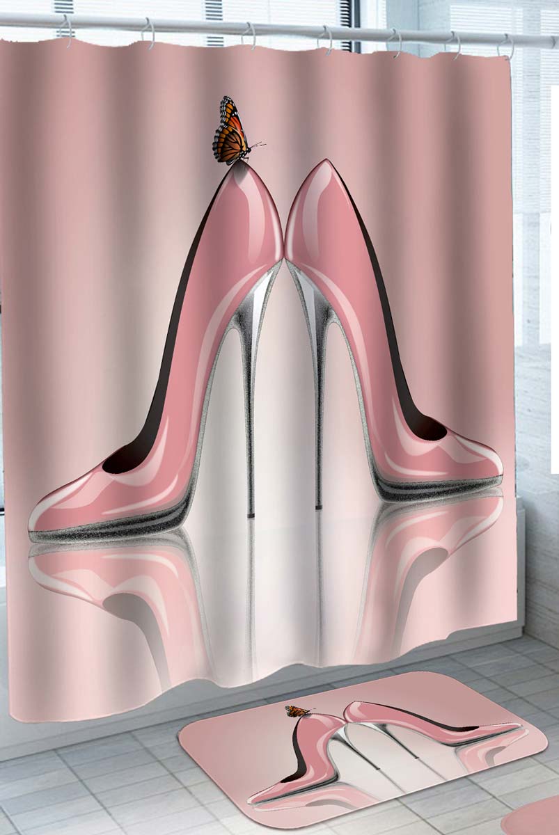 Cool Girls Shower Curtains with Butterfly and Pink High Heels