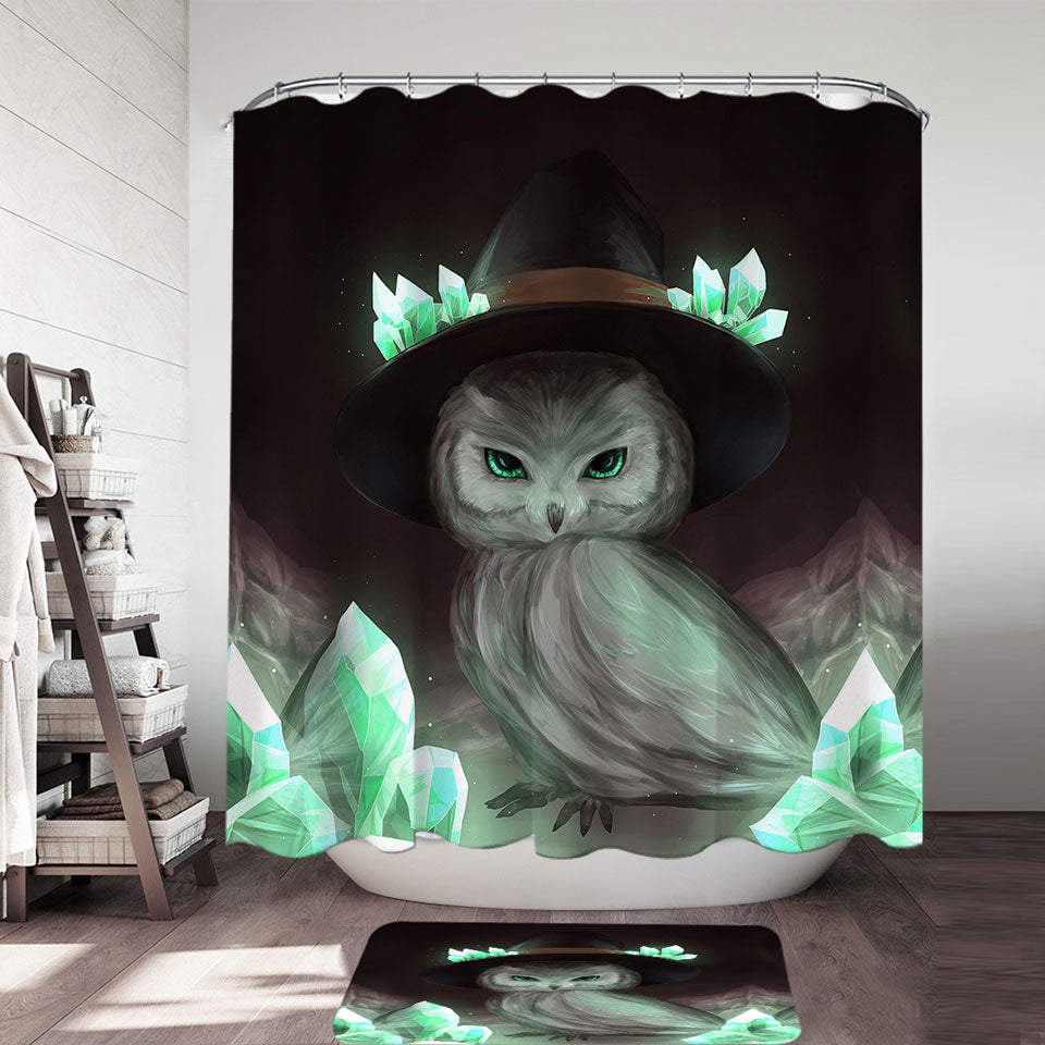 Cool Green Crystal Owl Witch Shower Curtain