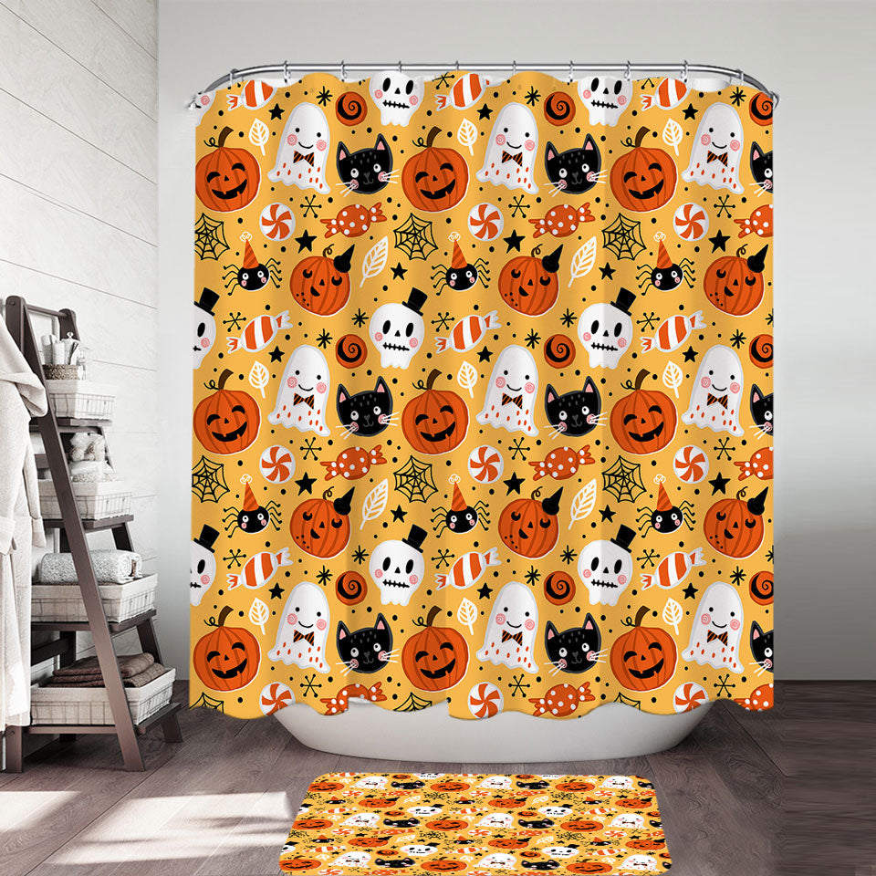 Cool Halloween Fabric Shower Curtains Candies Ghosts and Pumpkins