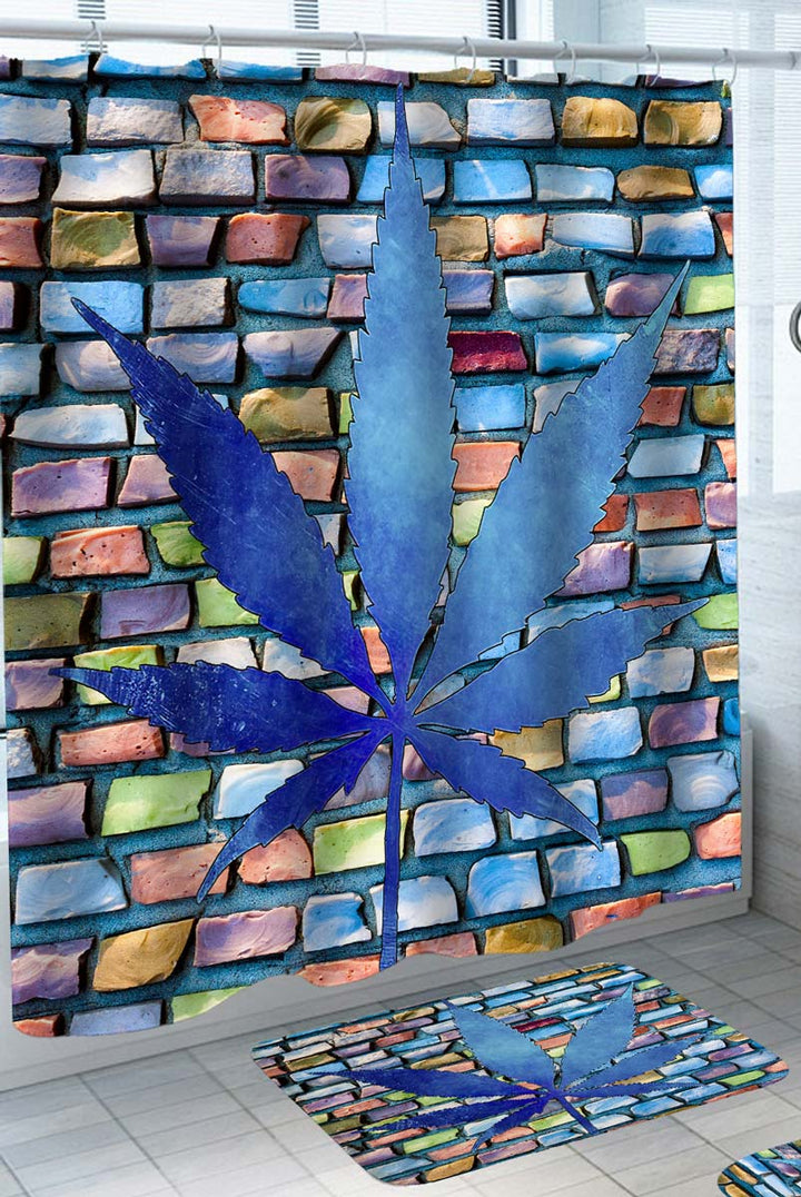Cool Men Shower Curtains Blue Weed Leaf over Multi Colored Bricks