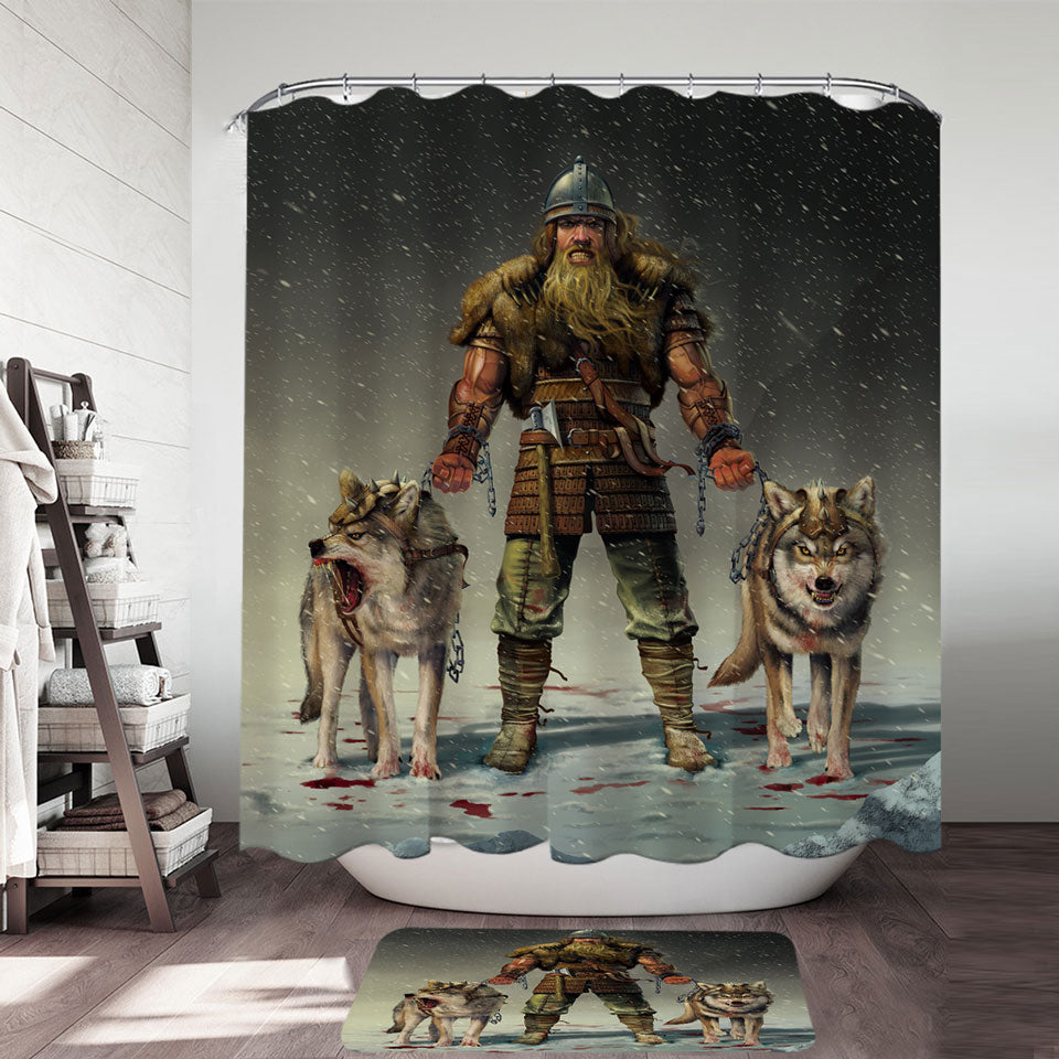 Cool Mens Shower Curtains Art Mountain Viking and Wolves