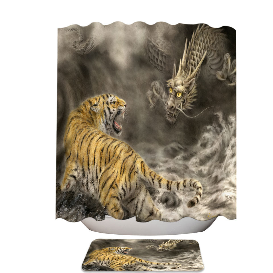 Cool Mens Shower Curtains Fantasy Art Dragon vs Tiger Shower Curtain