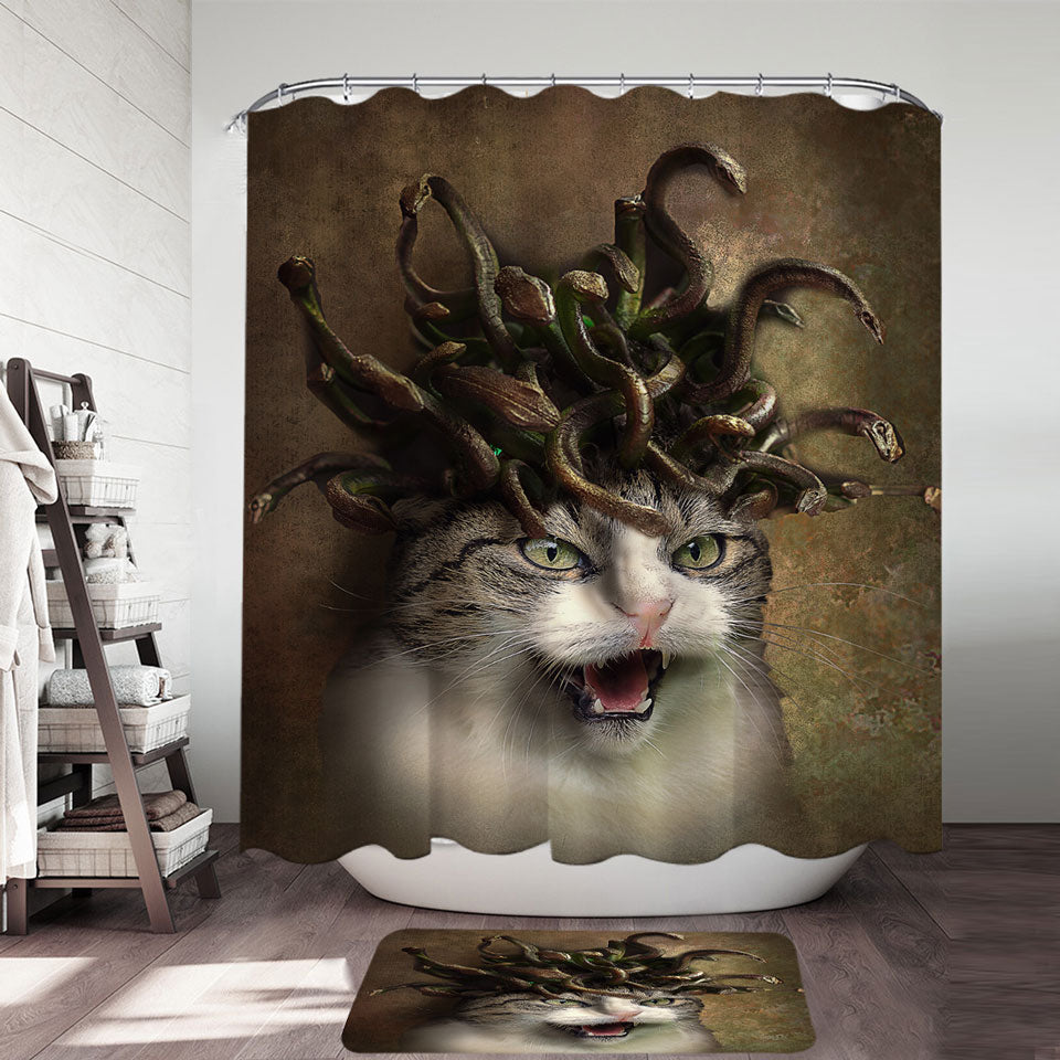 Cool Scary Shower Curtain Fantasy Art Meowdusa the Medusa Cat