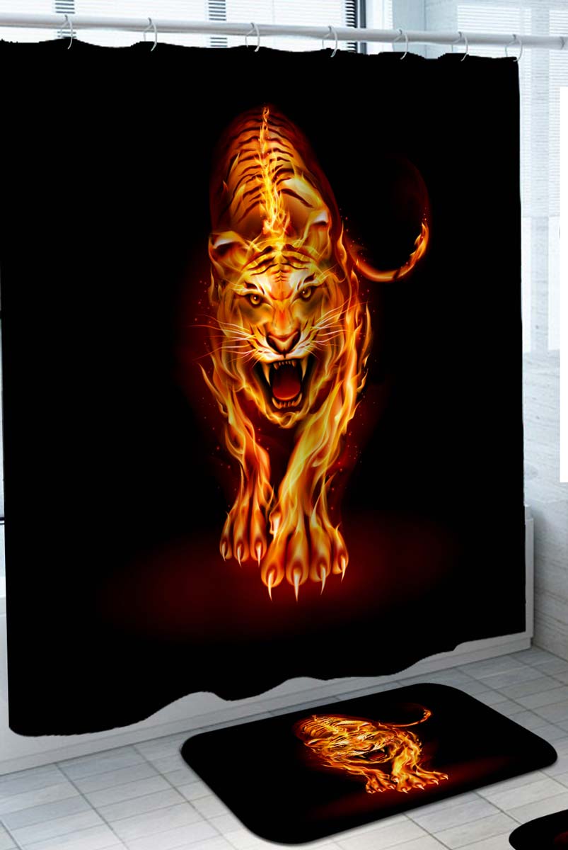 Cool Scary Shower Curtain with Tiger Burning in Flames