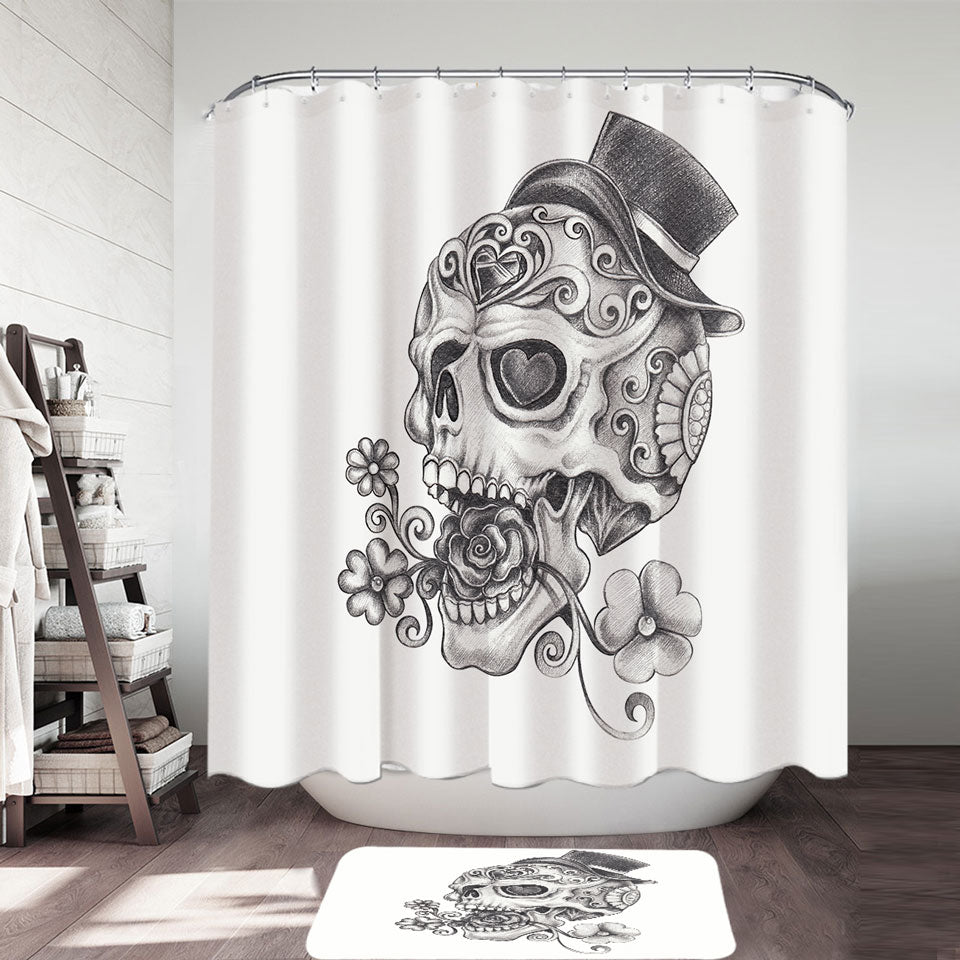 Cool Shower Curtains Black and White Pencil Skull Drawing Shower Curtains for Men