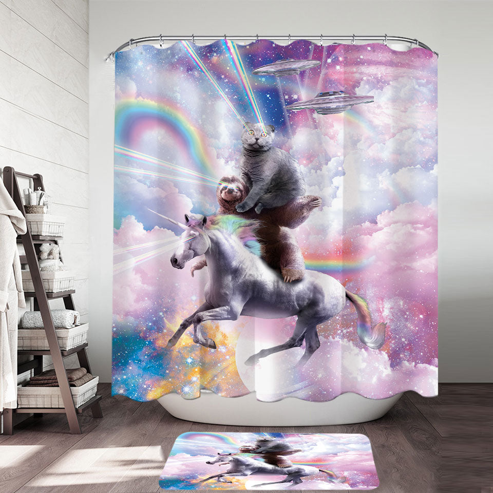 Cool Shower Curtains Galaxy Cat on Sloth on Unicorn in Space