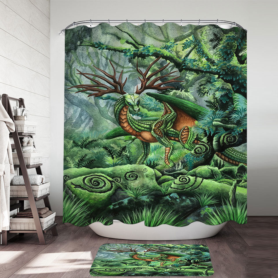 Cool Shower Curtains Green Hidden Guardian Fantasy Forest Deer Dragon