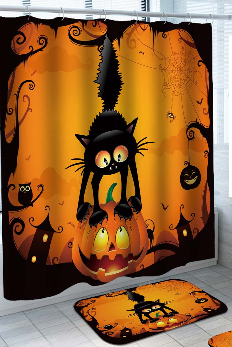 Cool Shower Curtains Scared Cat on Halloween Pumpkin