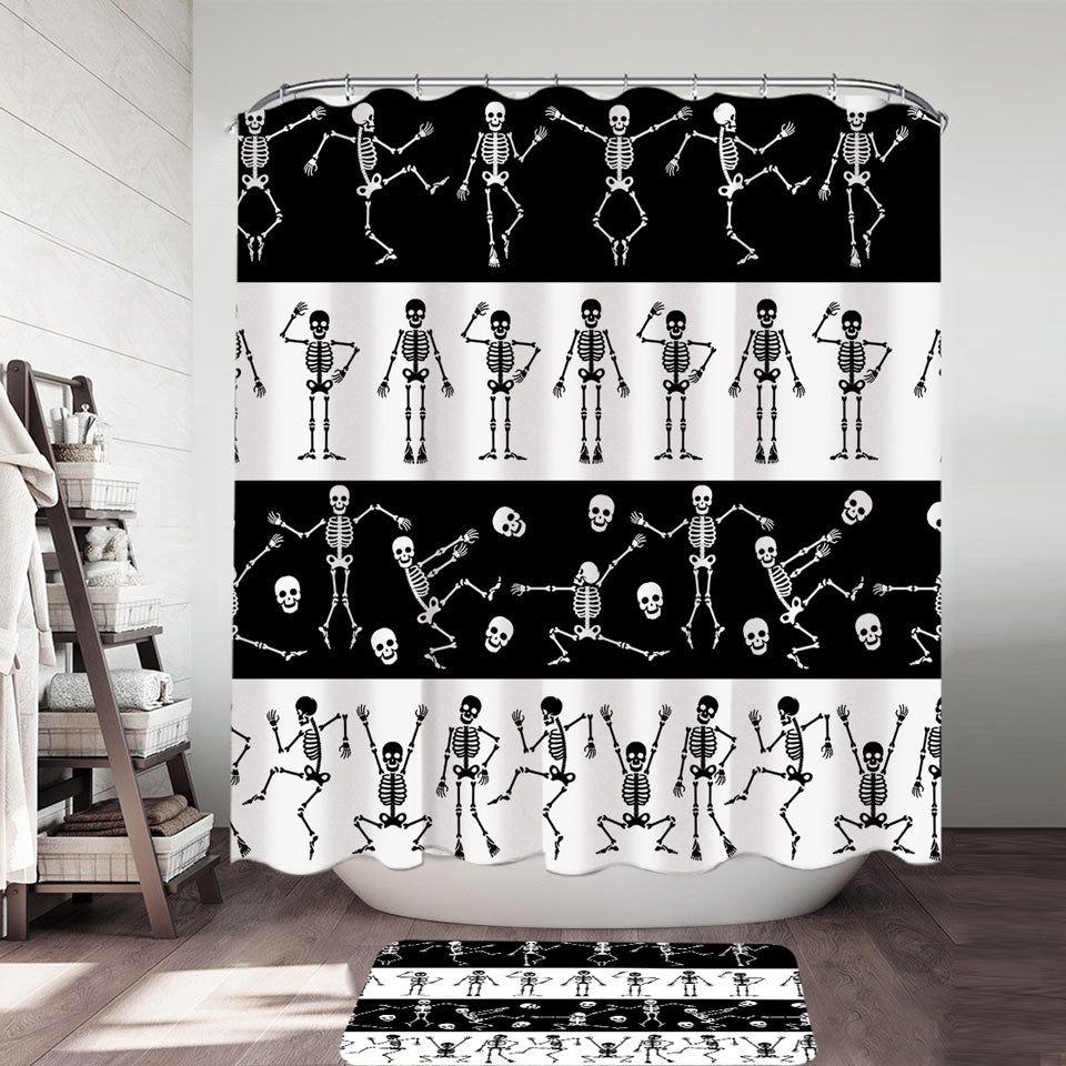 Cool Shower Curtains Skeletons in Black White Stripes