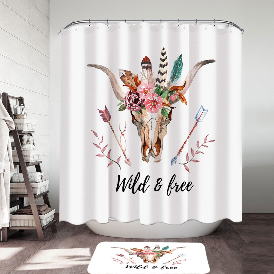 Cool Shower Curtains Wild and Free Native Floral Bull Skull