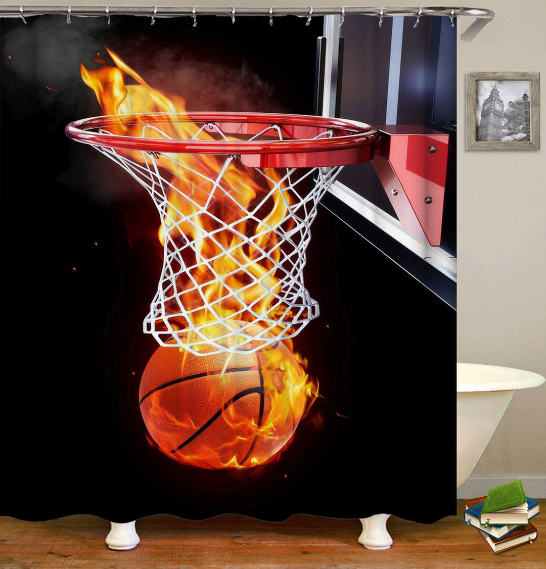 Cool Shower Curtains for Guys Basketball Fire Burning Dunk