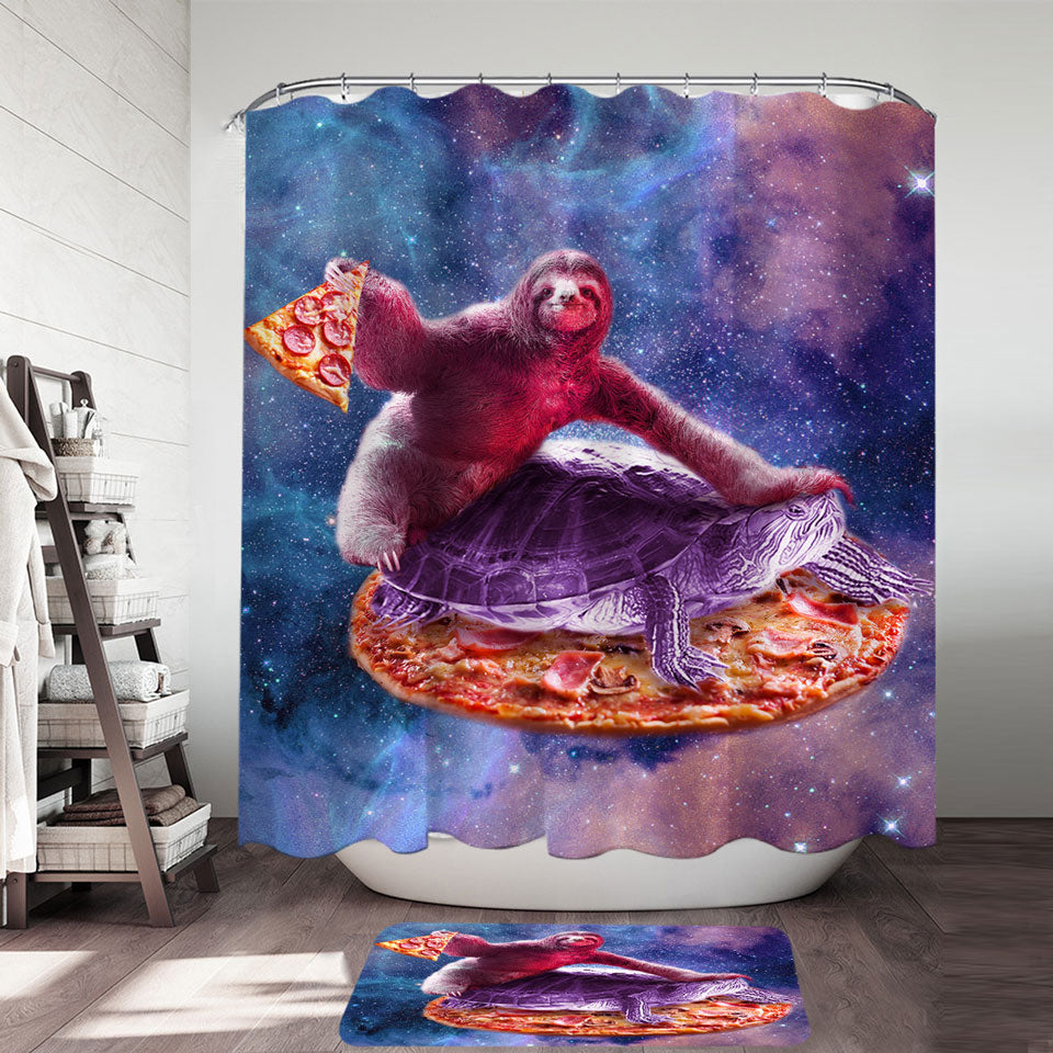 Cool Shower Curtains for Guys Crazy Art Space Pizza Sloth on Turtle