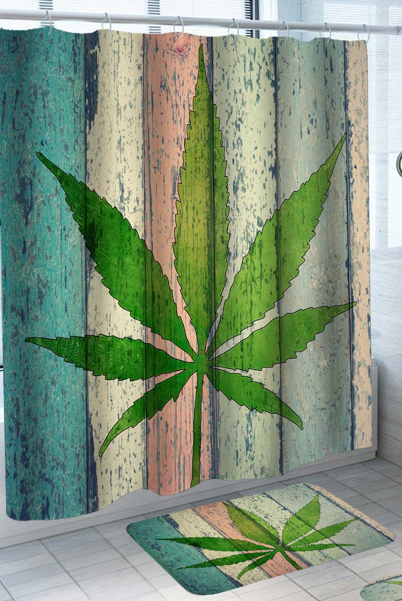 Cool Shower Curtains for Men Green Weed Leaf over Multi Colored Wood Board