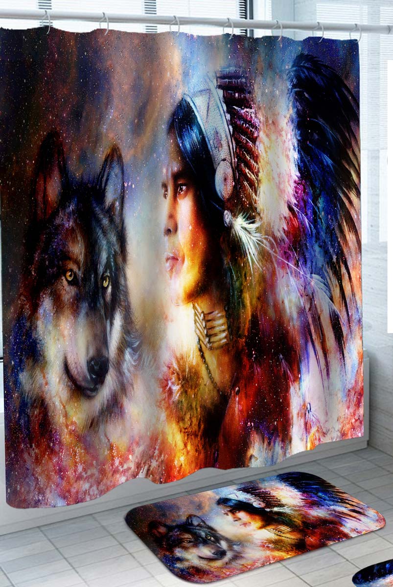Cool Shower Curtains for Men Space Native American vs Wolf