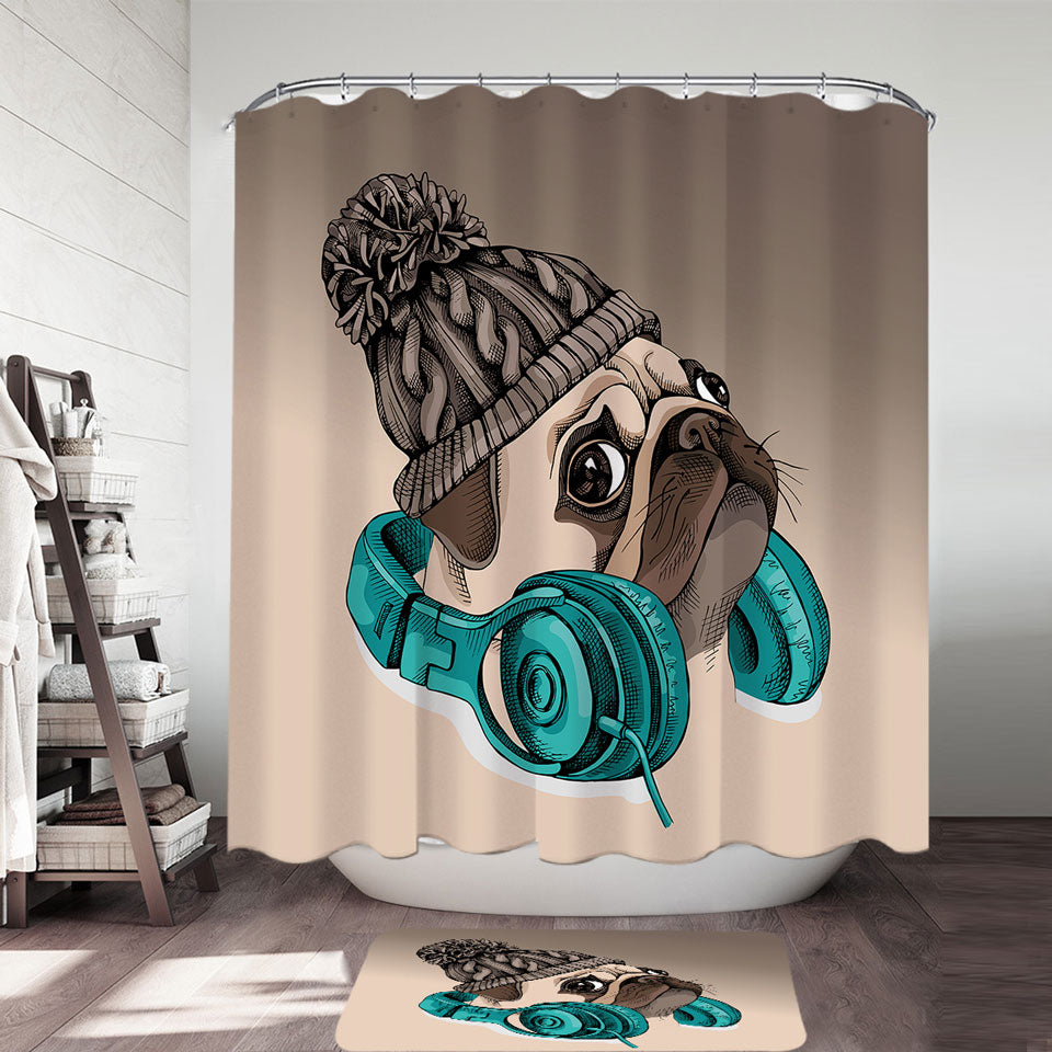 Cool Shower Curtains with Winter Pug Wearing Headphones
