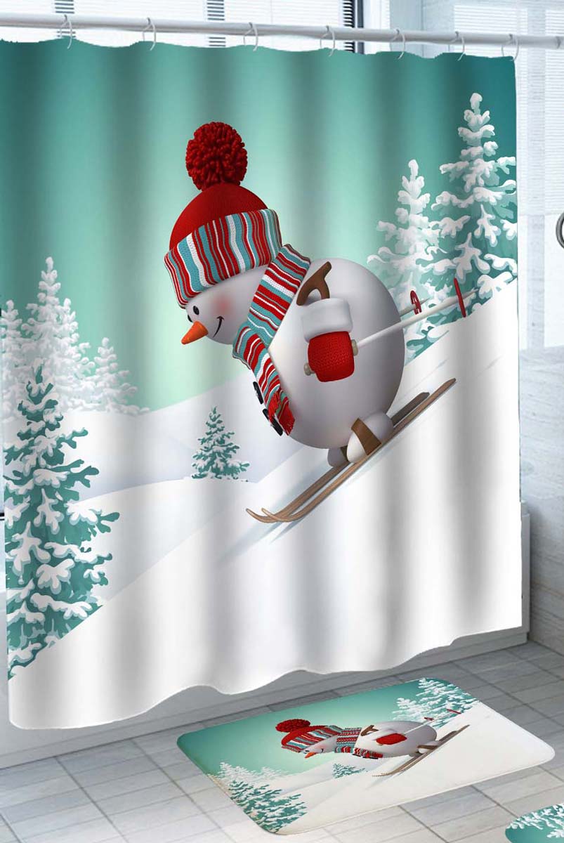 Cool Snowman Shower Curtains with Skiing Figure
