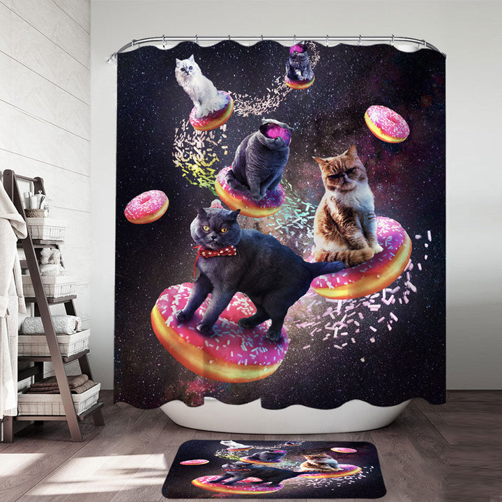 Cool Space Galaxy Shower Curtains with Cats Riding Donuts