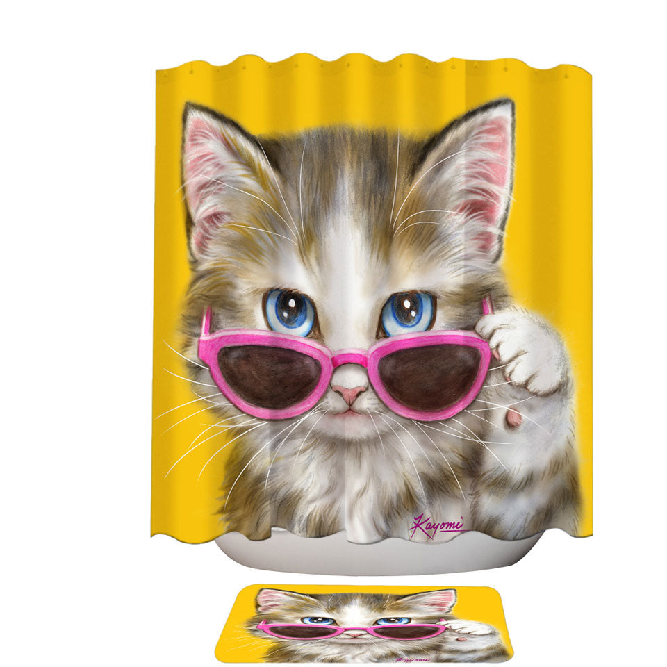 Cool Trendy Shower Curtains for Girls Cat Art Girly Kitten Wearing Pink Sunglass