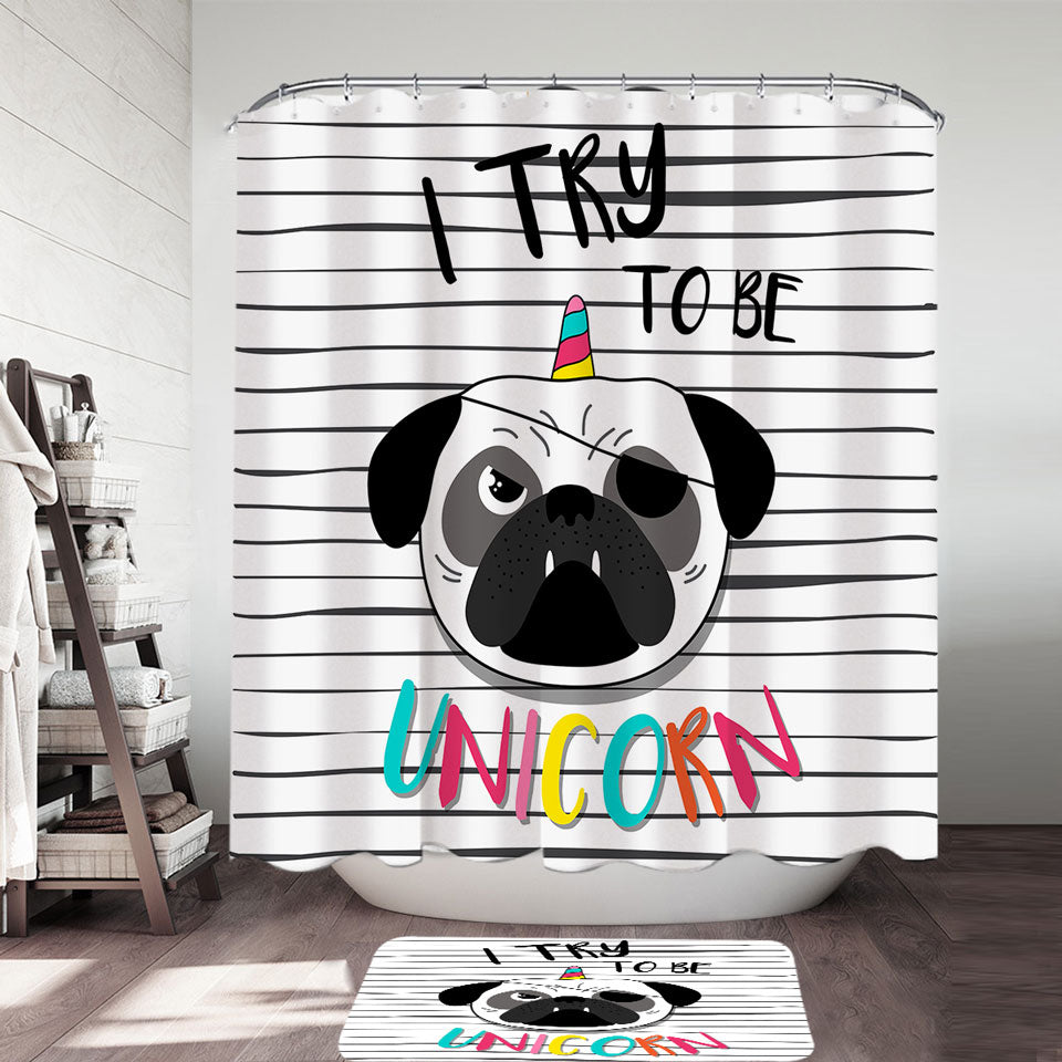 Cool Unicorn Pug Shower Curtains