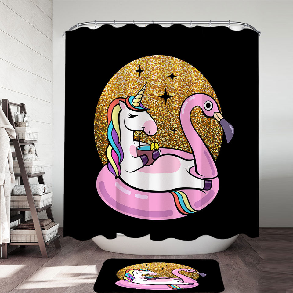 Cool Unicorn Shower Curtain Chilling on Flamingo Float