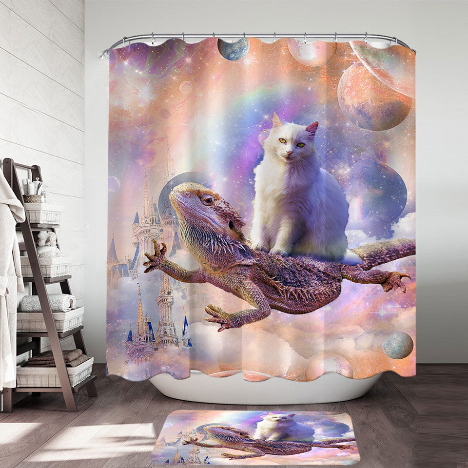 Cool White Cat Riding a Dragon Lizard in Space Shower Curtains