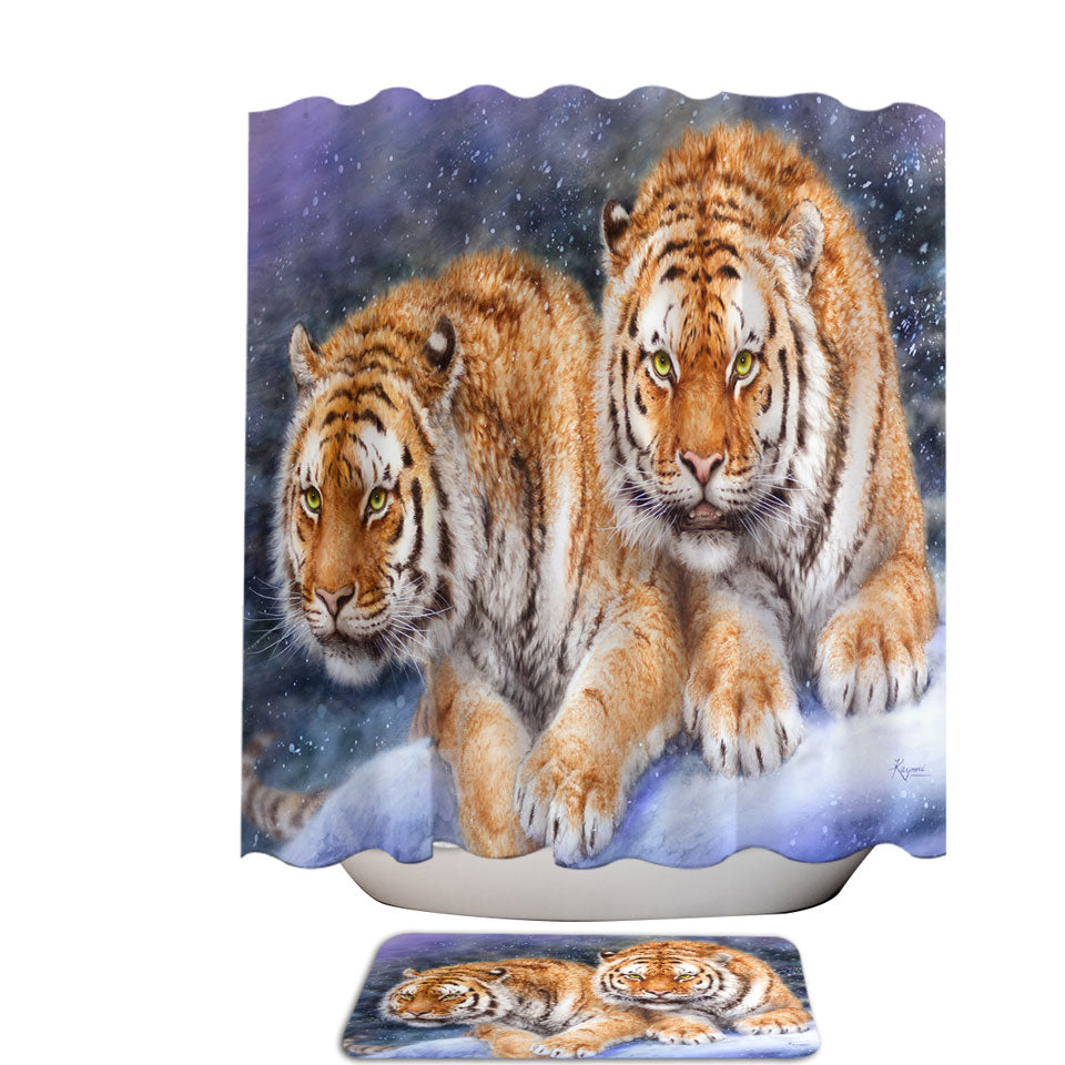 Cool Wildlife Animal Art Shower Curtains with Tigers in Snow Storm