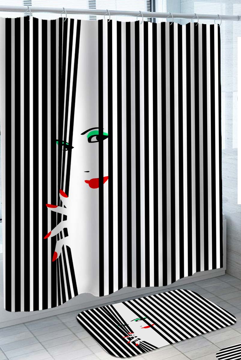 Cool Woman Shower Curtains Peek behind Black and White Stripes