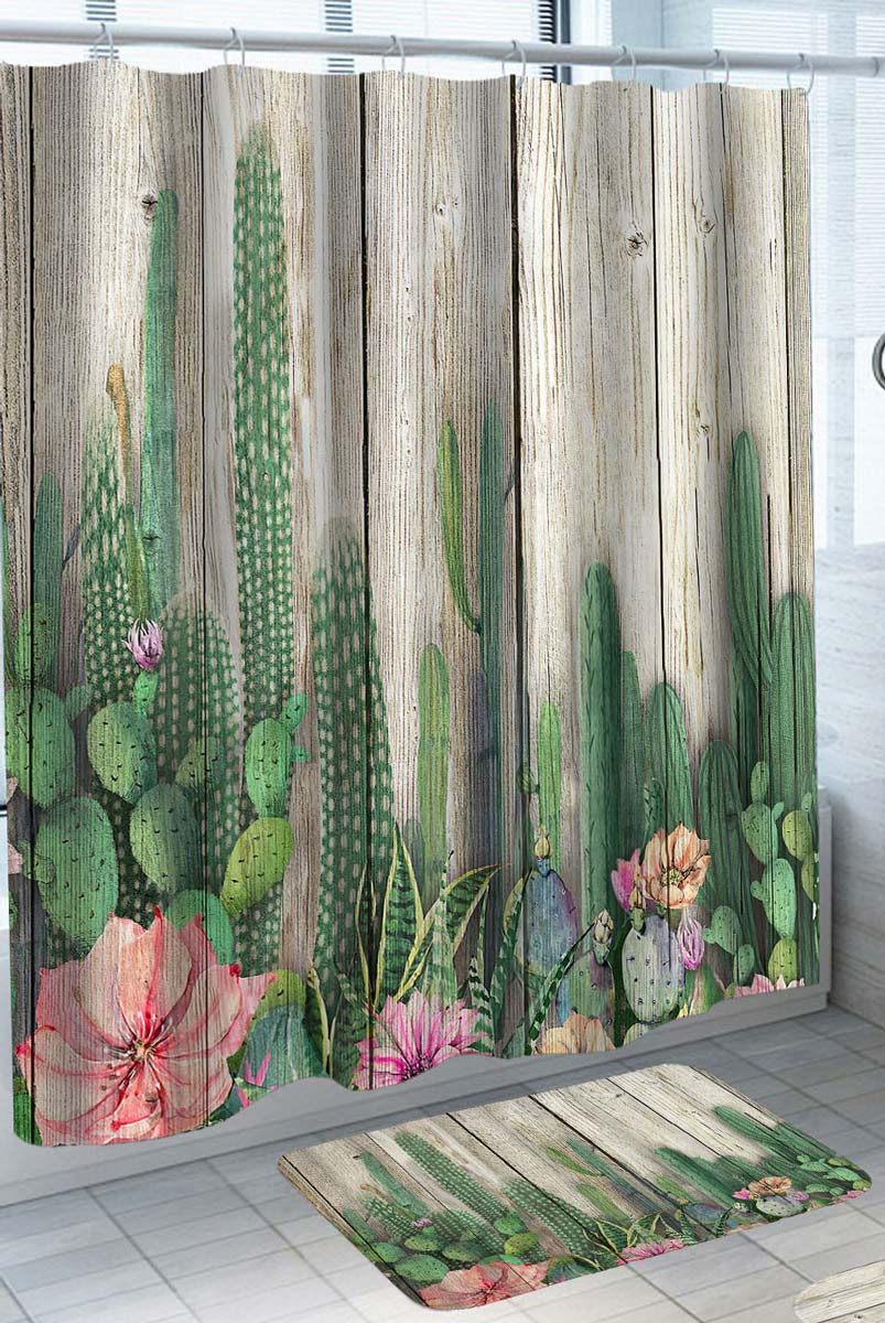 Country Shower Curtains of Painted Floral Cactus on Wood Deck