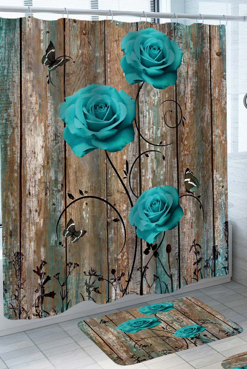 Country Shower Curtains with Turquoise Roses and Butterflies on Wood Deck