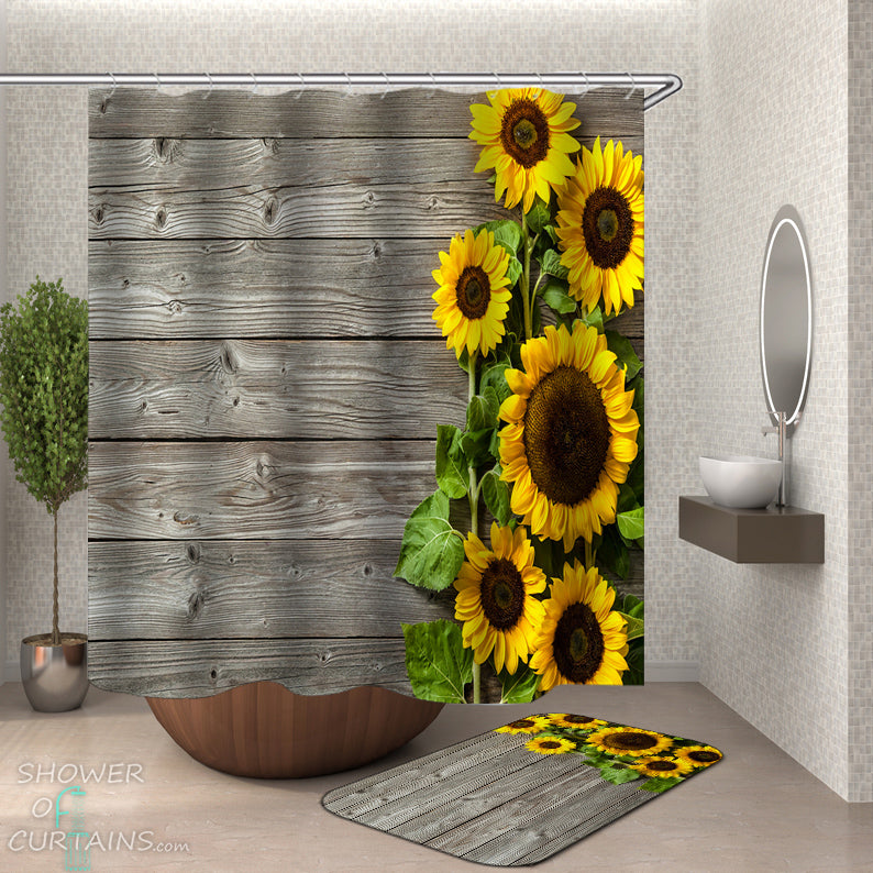 Country Shower Curtains of Rustic Deck Sunflowers