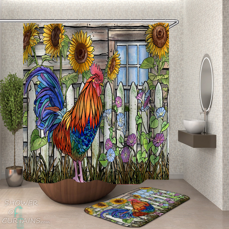 Country Shower Curtains of Sunflowers And Rooster Painting