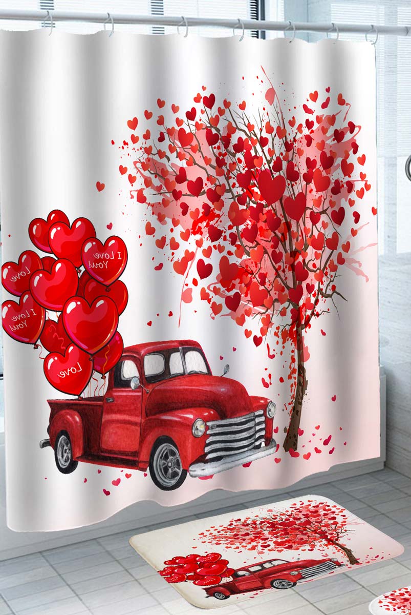 Couples Shower Curtains Truck Full with Heart Balloons and Heart Tree