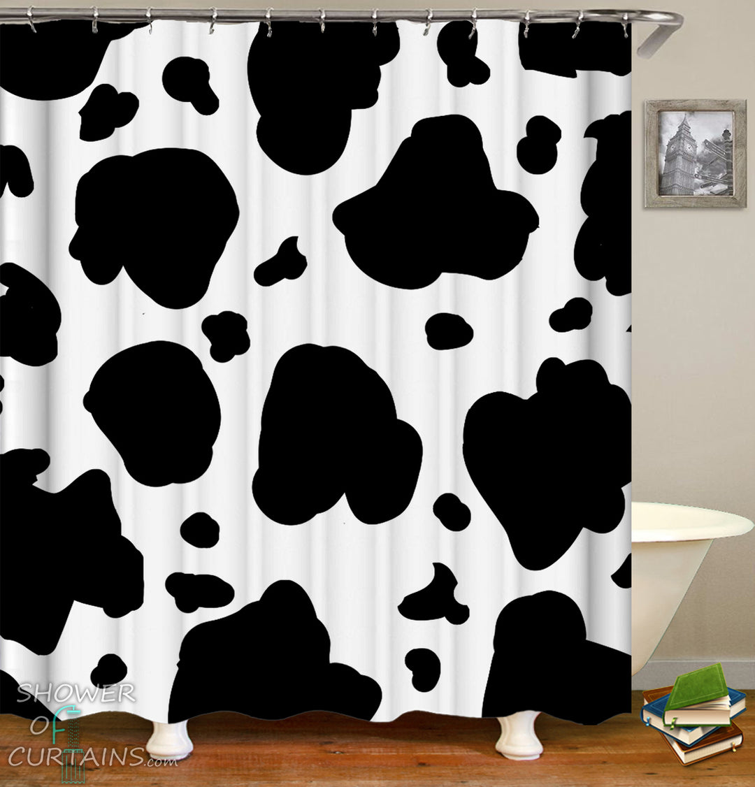 Cow Skin Shower Curtain - Black and White Themed Bathroom