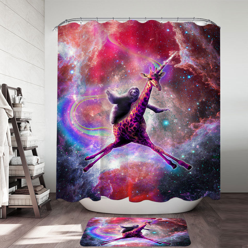 Crazy Funny Space Sloth Riding Giraffe Shower Curtain