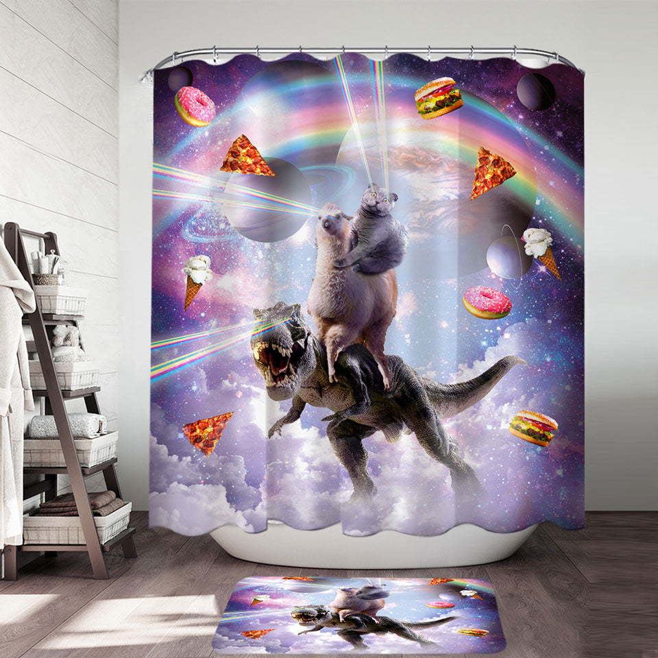 Crazy Shower Curtains Space Art Funny Cat on a Llama on a Dinosaur