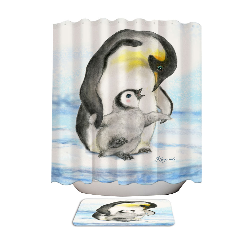 Cute Animal Art Drawings Penguins Fabric Shower Curtains Holding Hands