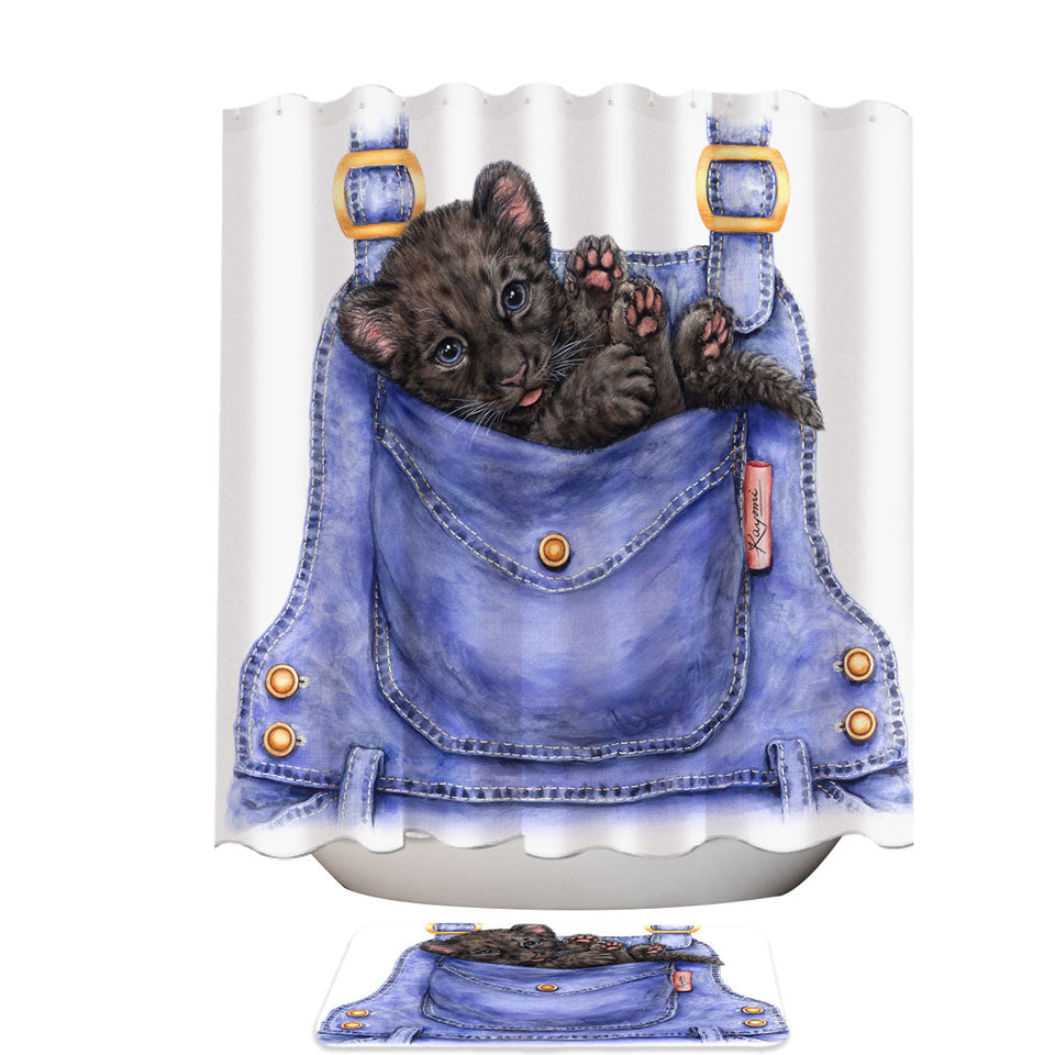 Cute Animal Fabric Shower Curtain Art Black Panther Cub in a Pocket