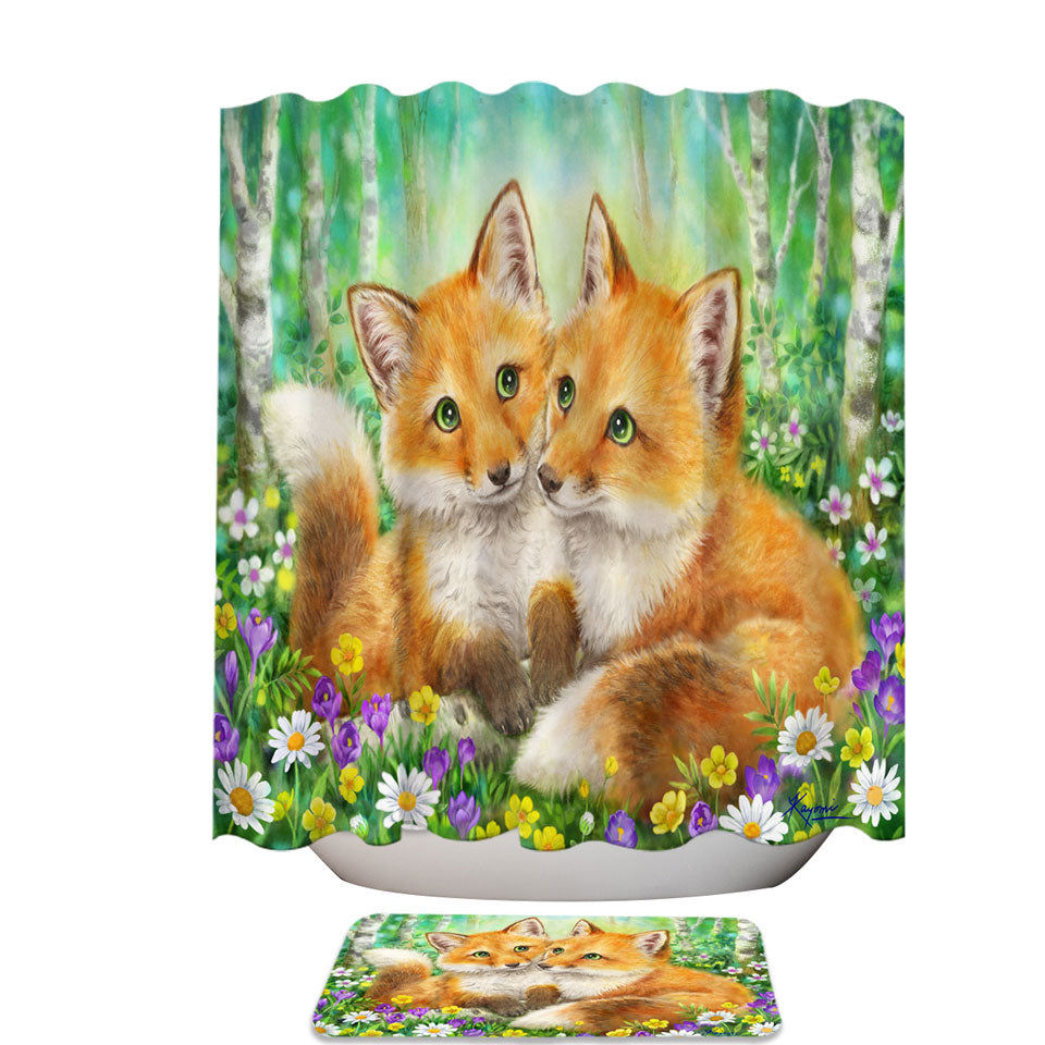 Cute Animal Painting Fox Brothers and Flowers Shower Curtain