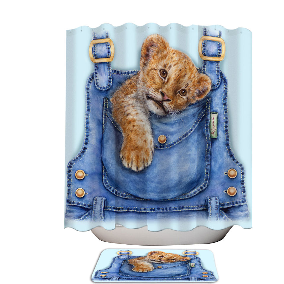 Cute Animal Shower Curtain Art Lion Cub Overall Pocket