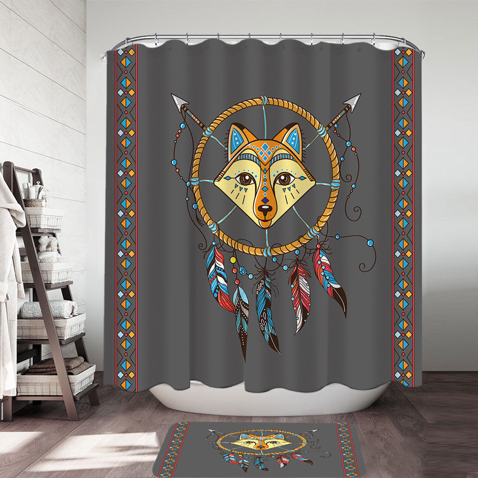 Cute Animal Shower Curtain with Native Fox Dream Catcher for Kids