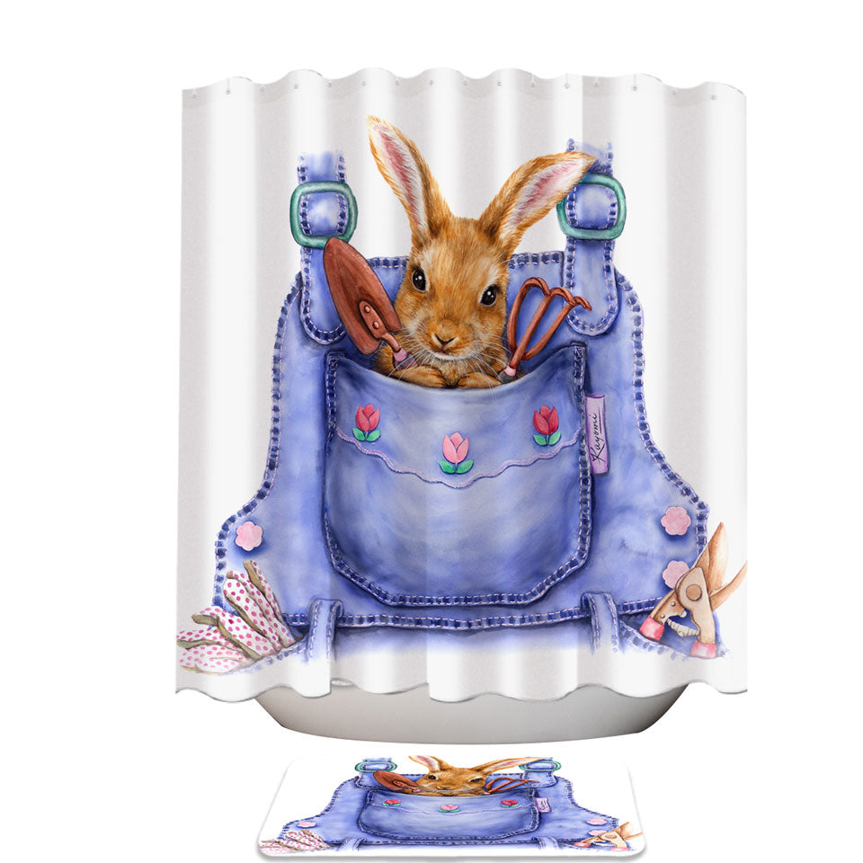 Cute Animal Shower Curtains Art Bunny Overall Pocket