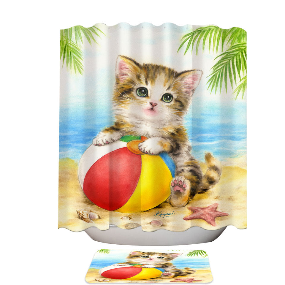 Cute Art Designs Shower Curtains for Children Kitten Beach Time
